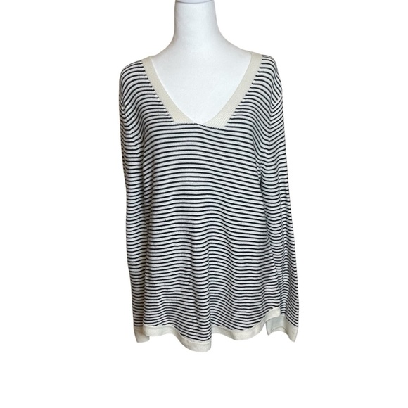 Talbots Petite Sweater Navy Cream Striped Link Stitch V Neck Pullover XLP Sailor - Picture 3 of 12